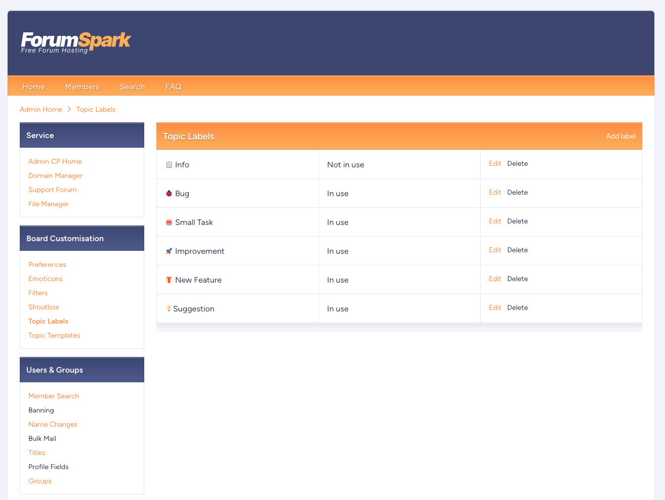 ForumSpark administration and feature labels